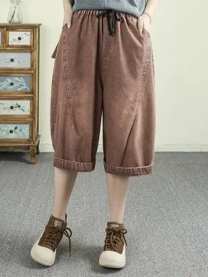 Women Retro Pure Color Denim Fifth Pants