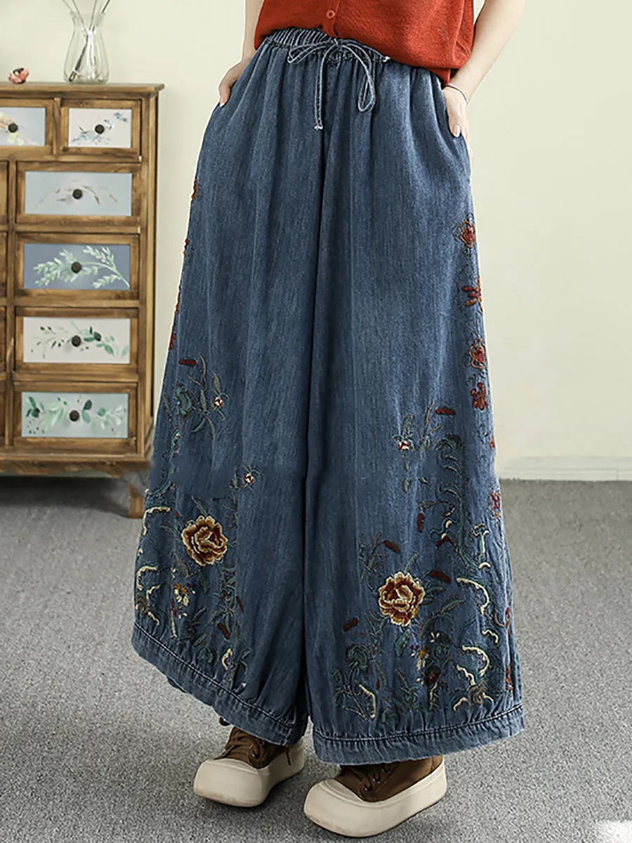 Women Retro Spring Embroidery Denim Wide-leg Pants