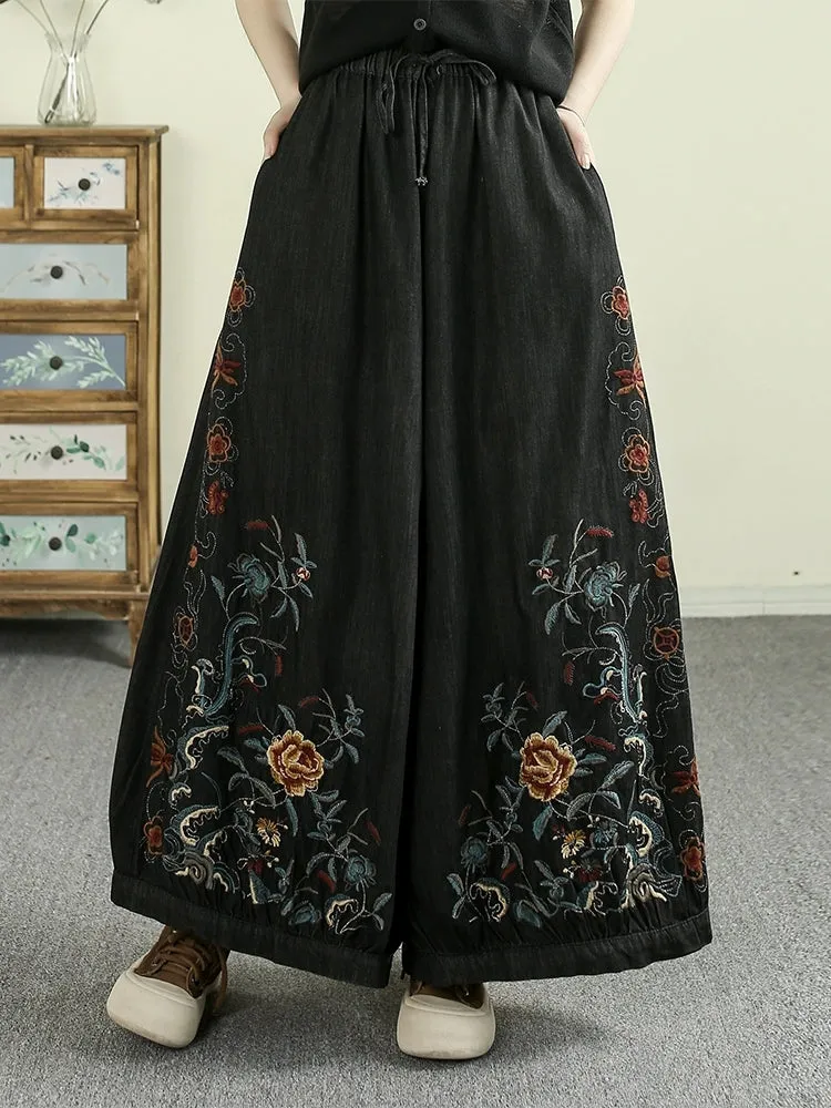 Women Retro Spring Embroidery Denim Wide-leg Pants