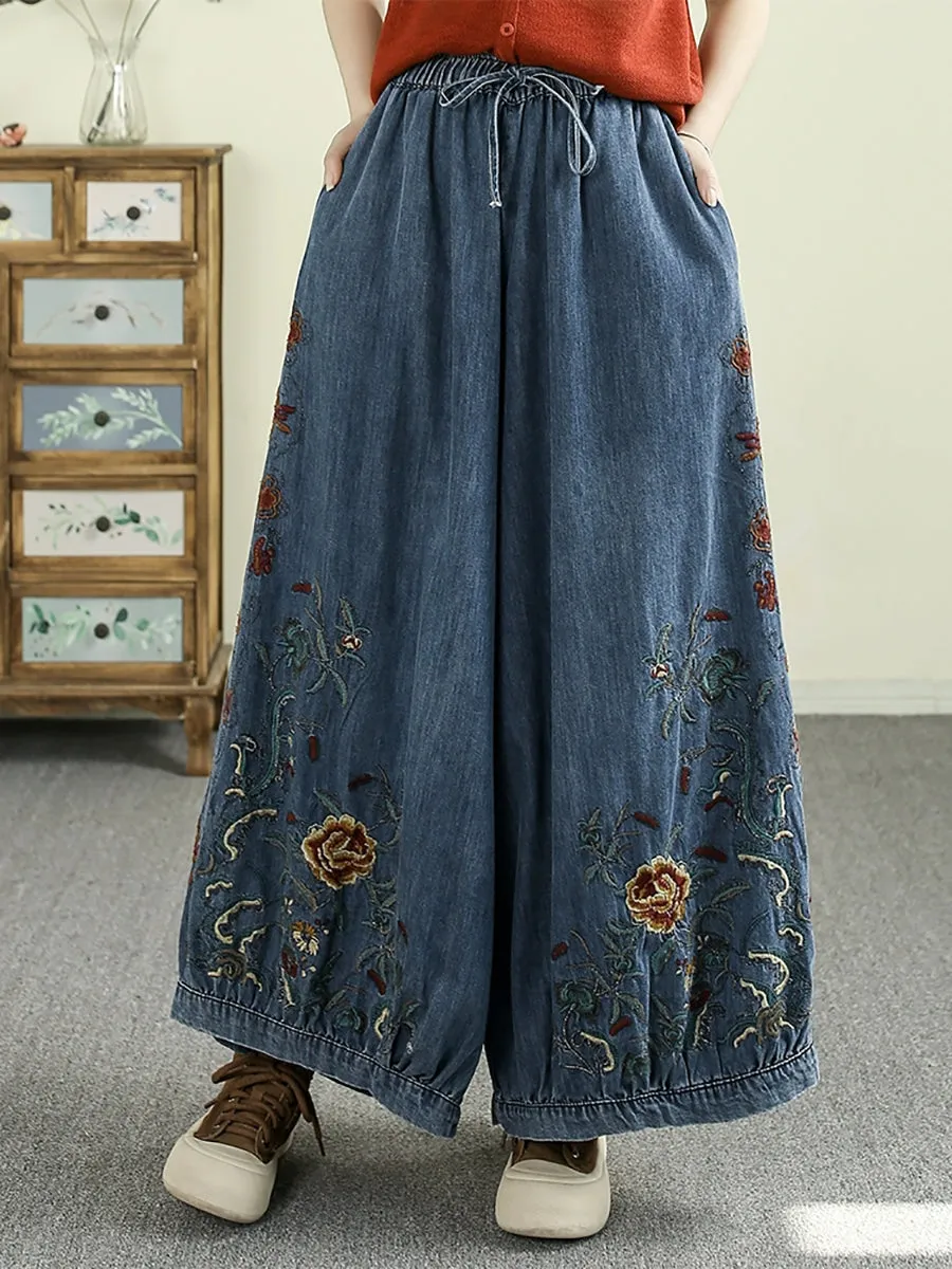 Women Retro Spring Embroidery Denim Wide-leg Pants