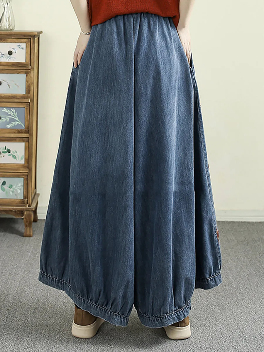 Women Retro Spring Embroidery Denim Wide-leg Pants