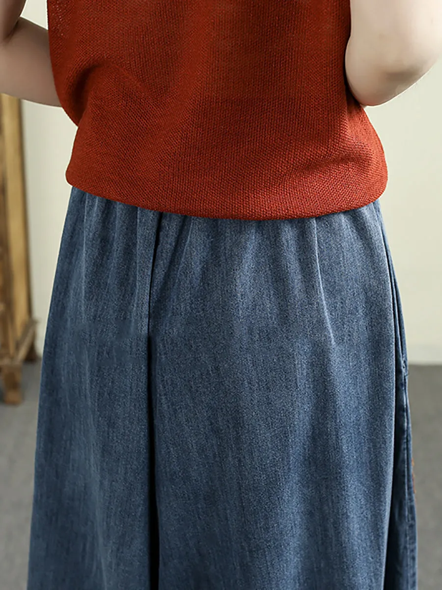 Women Retro Spring Embroidery Denim Wide-leg Pants