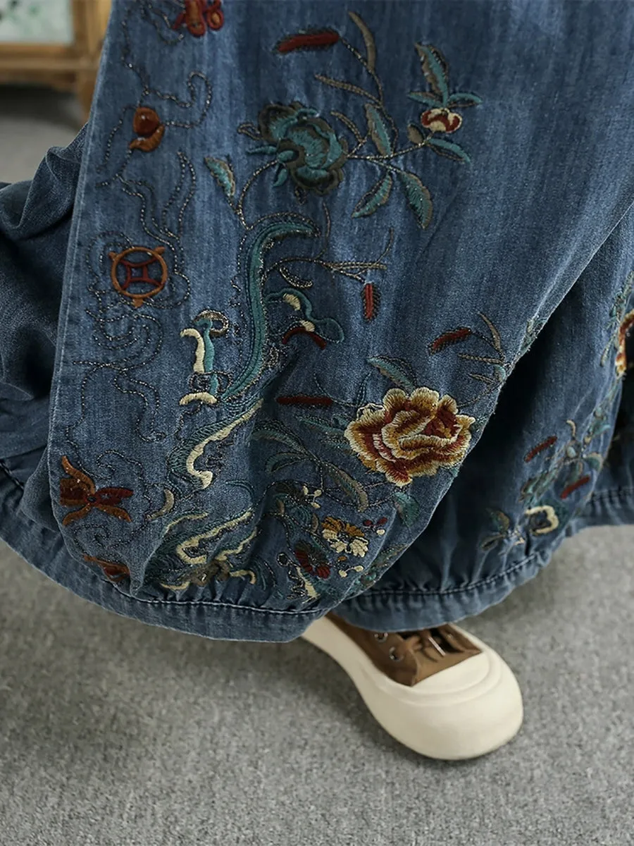 Women Retro Spring Embroidery Denim Wide-leg Pants