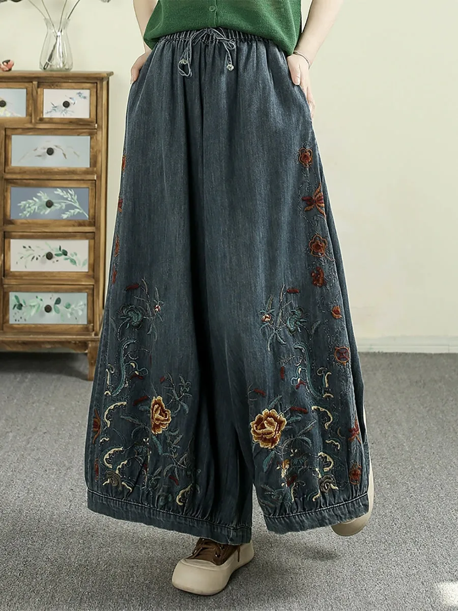Women Retro Spring Embroidery Denim Wide-leg Pants