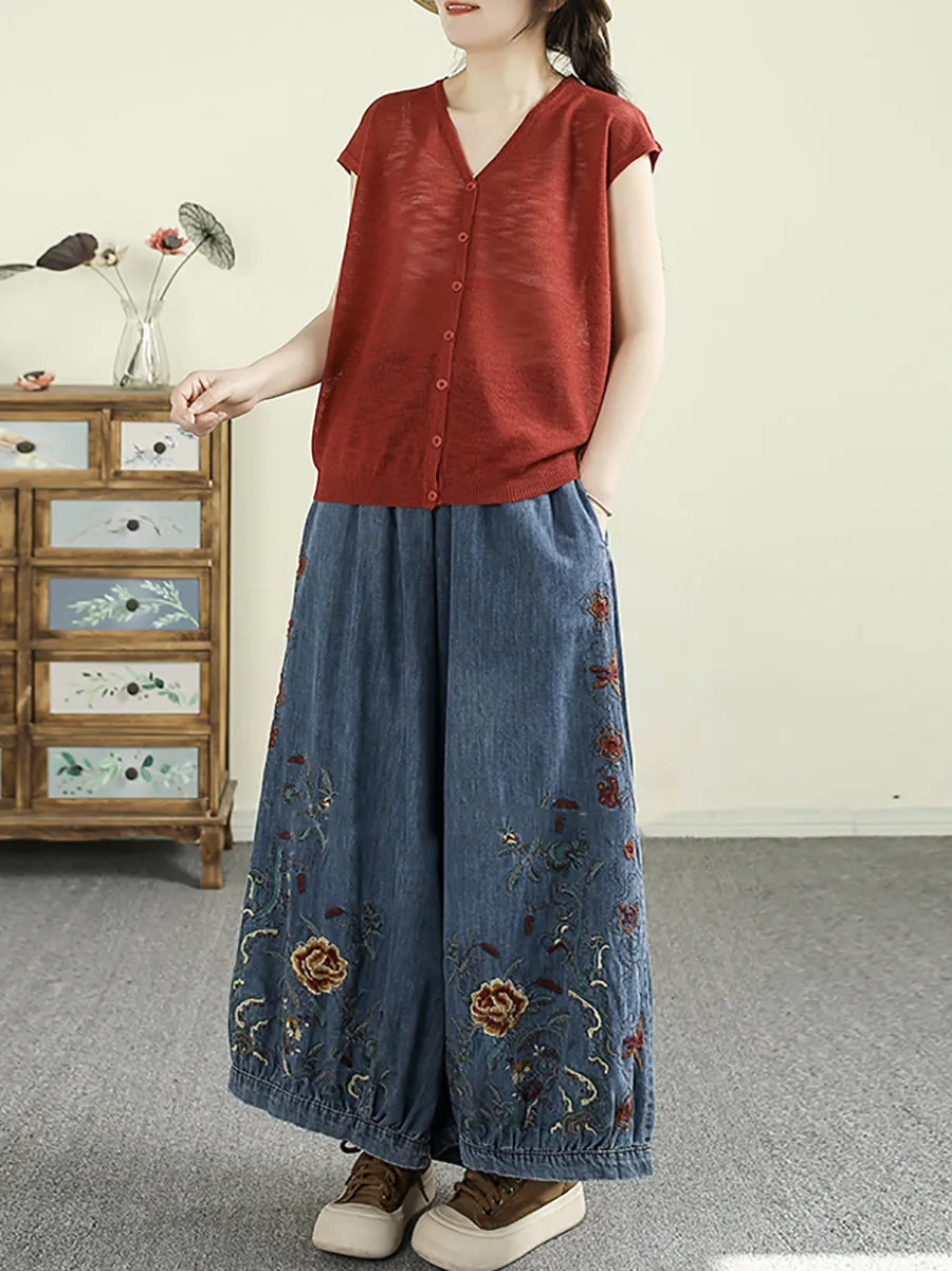 Women Retro Spring Embroidery Denim Wide-leg Pants