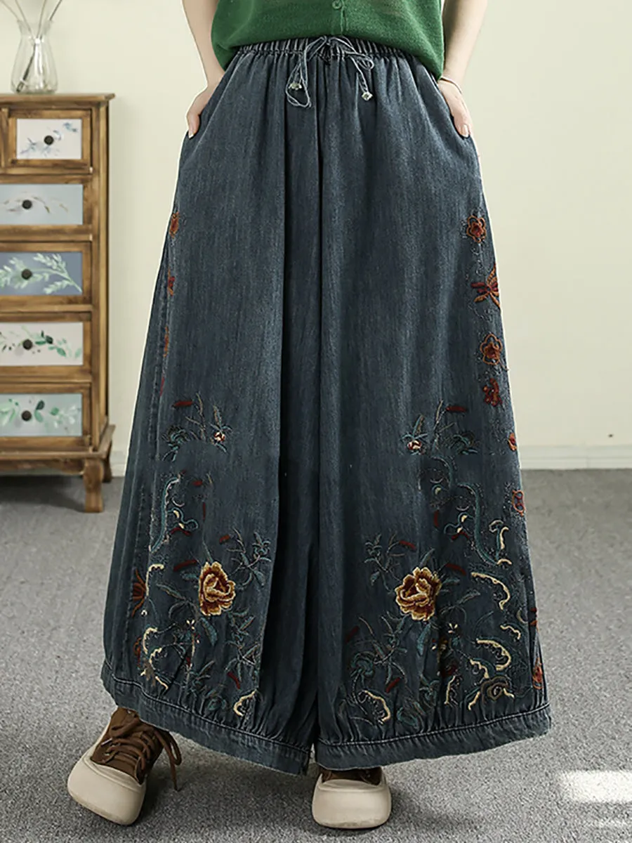 Women Retro Spring Embroidery Denim Wide-leg Pants