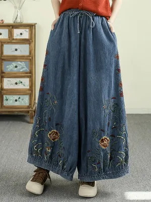 Women Retro Spring Embroidery Denim Wide-leg Pants