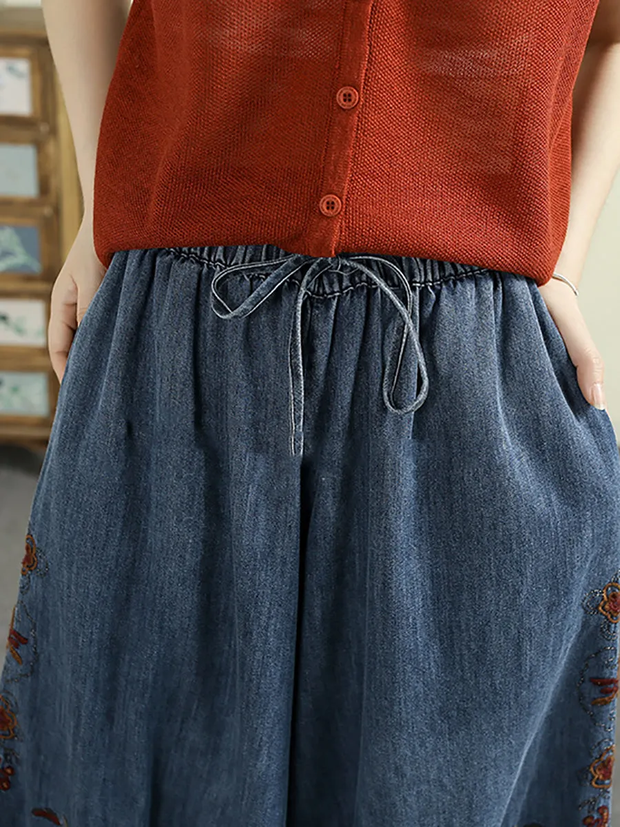 Women Retro Spring Embroidery Denim Wide-leg Pants