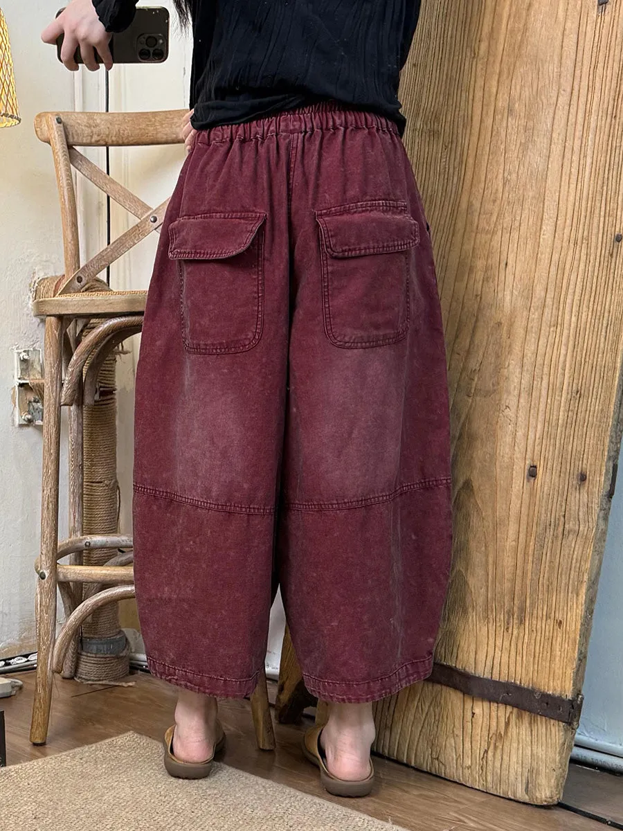 Women Retro Spring Pure Color Washed Denim Pants