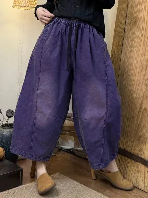 Women Retro Spring Pure Color Washed Denim Pants