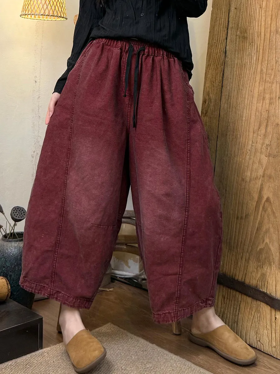 Women Retro Spring Pure Color Washed Denim Pants