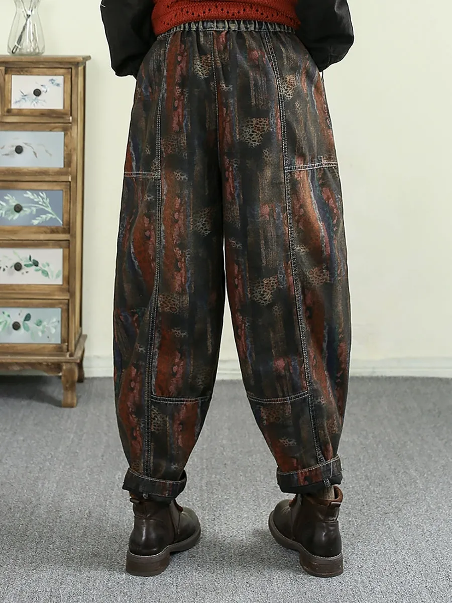 Women Spring Retro Print Spliced Denim Harem Pants