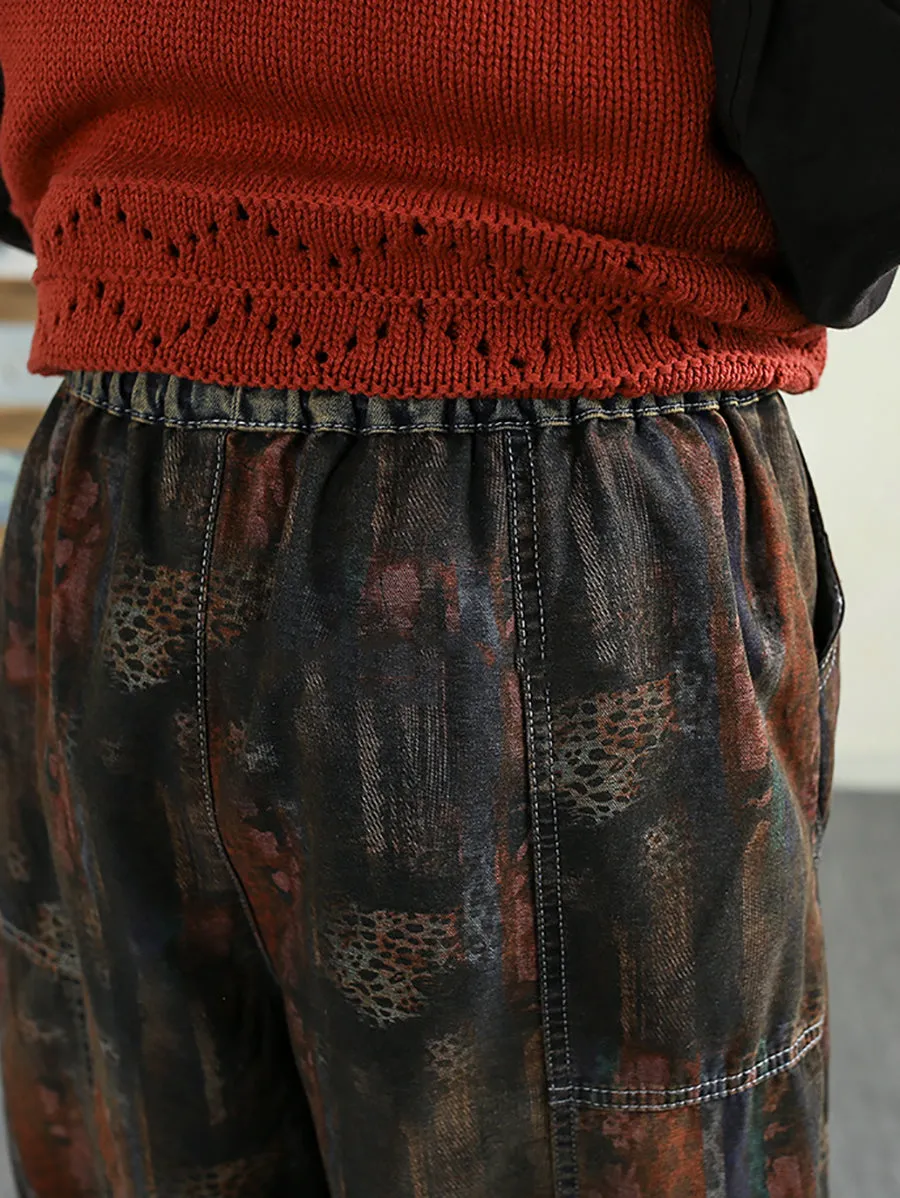Women Spring Retro Print Spliced Denim Harem Pants