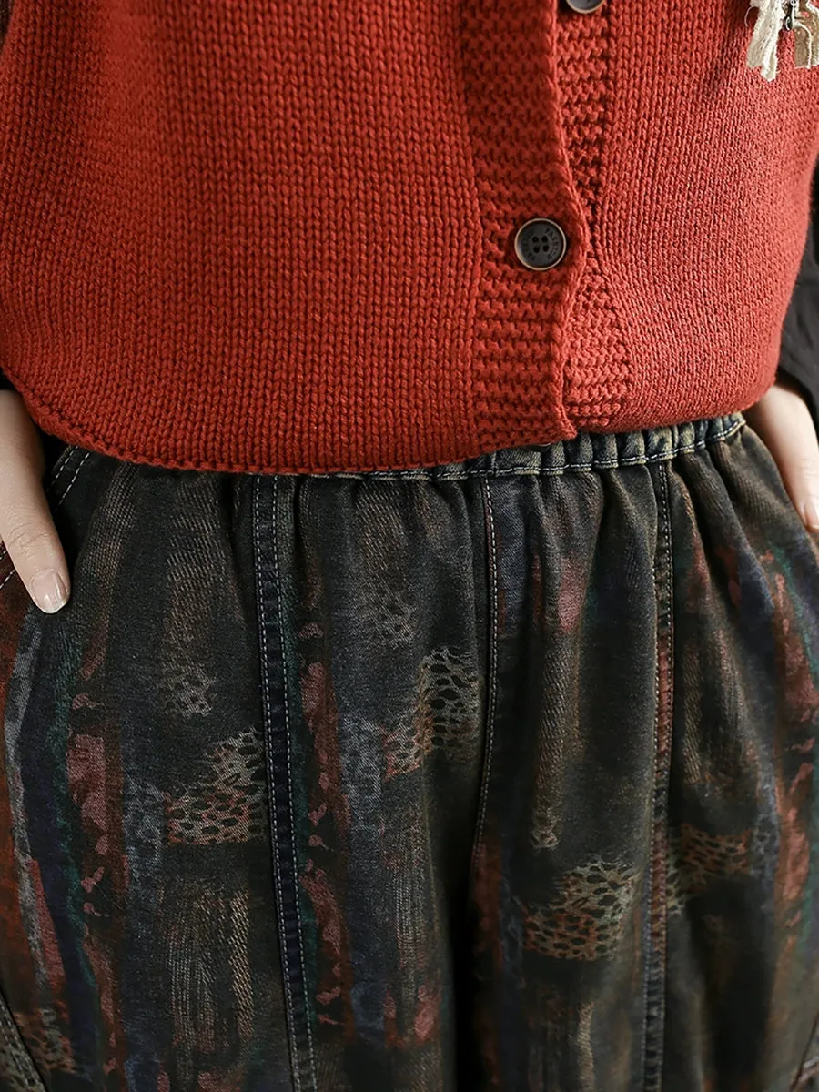 Women Spring Retro Print Spliced Denim Harem Pants
