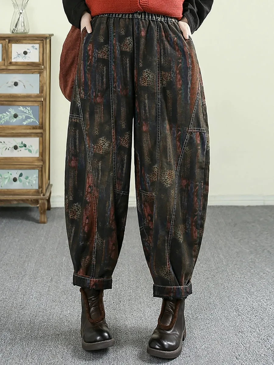 Women Spring Retro Print Spliced Denim Harem Pants