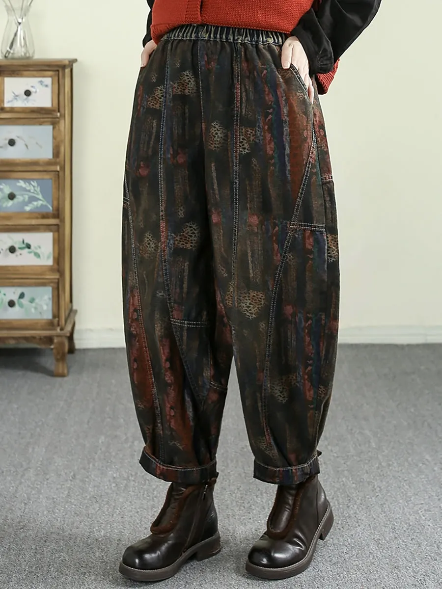 Women Spring Retro Print Spliced Denim Harem Pants