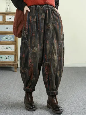 Women Spring Retro Print Spliced Denim Harem Pants
