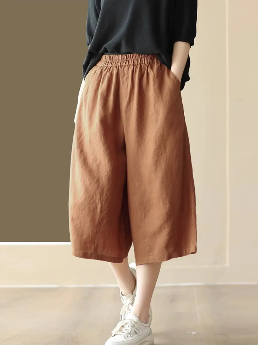 Women Summer  100%Linen Pure Color Wide-leg Capri Trousers