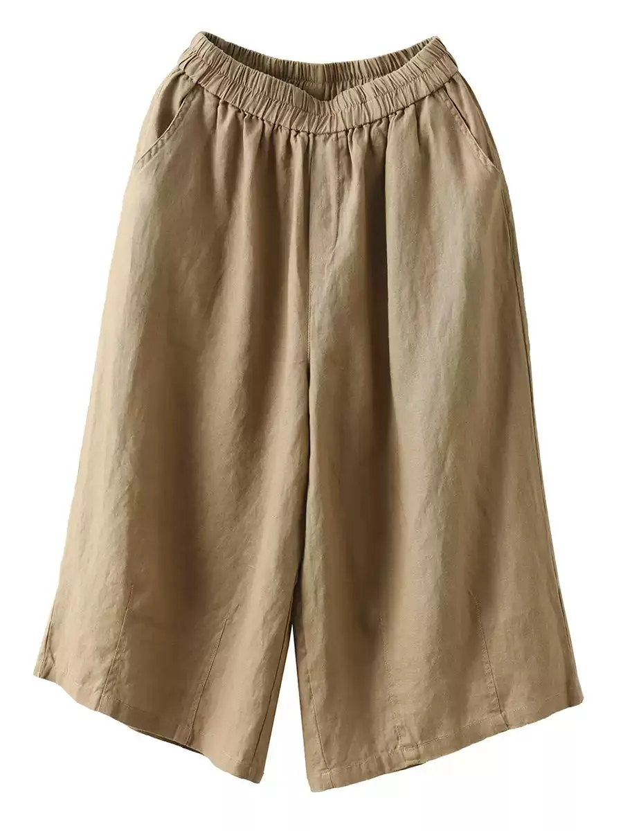 Women Summer  100%Linen Pure Color Wide-leg Capri Trousers