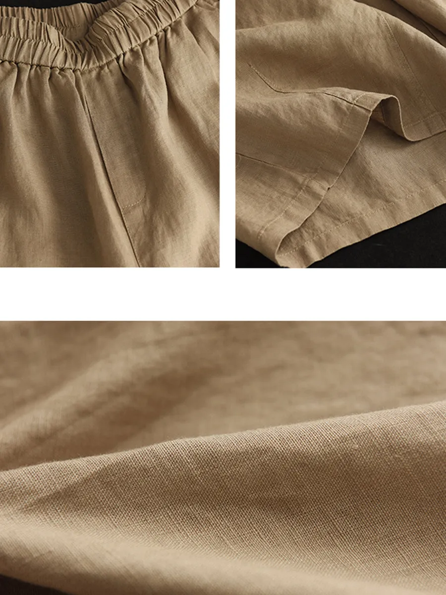 Women Summer  100%Linen Pure Color Wide-leg Capri Trousers