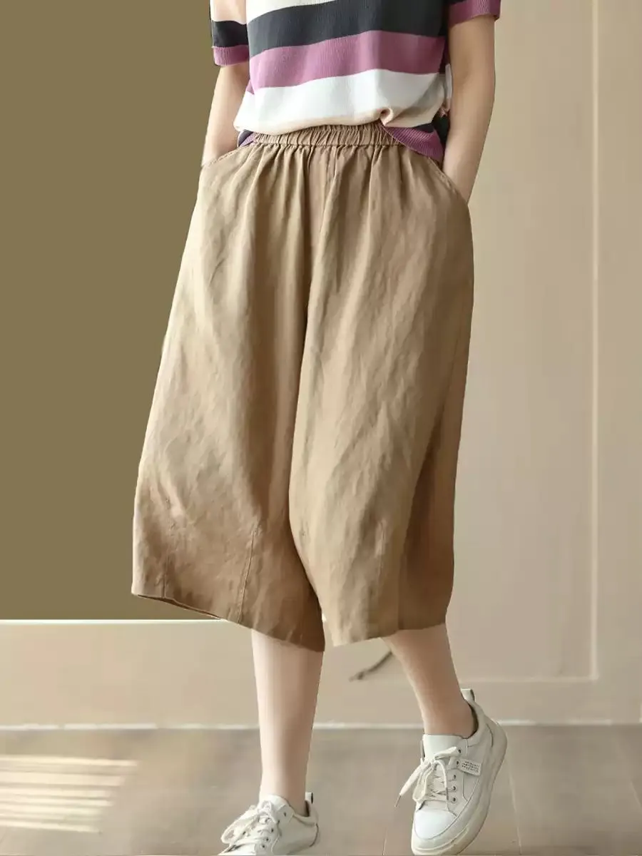 Women Summer  100%Linen Pure Color Wide-leg Capri Trousers