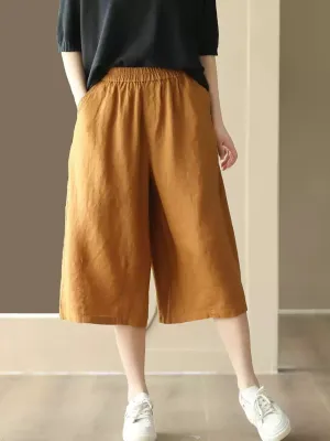 Women Summer  100%Linen Pure Color Wide-leg Capri Trousers
