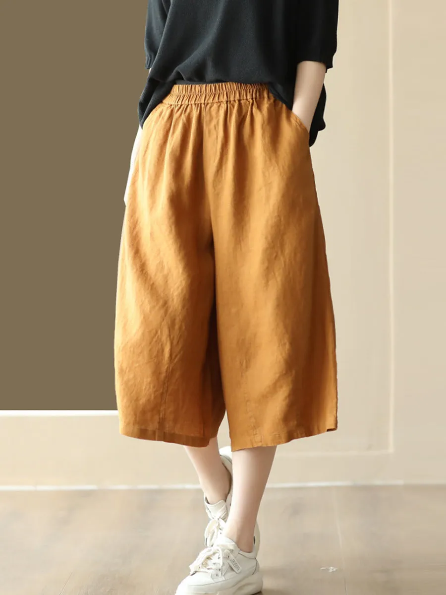 Women Summer  100%Linen Pure Color Wide-leg Capri Trousers