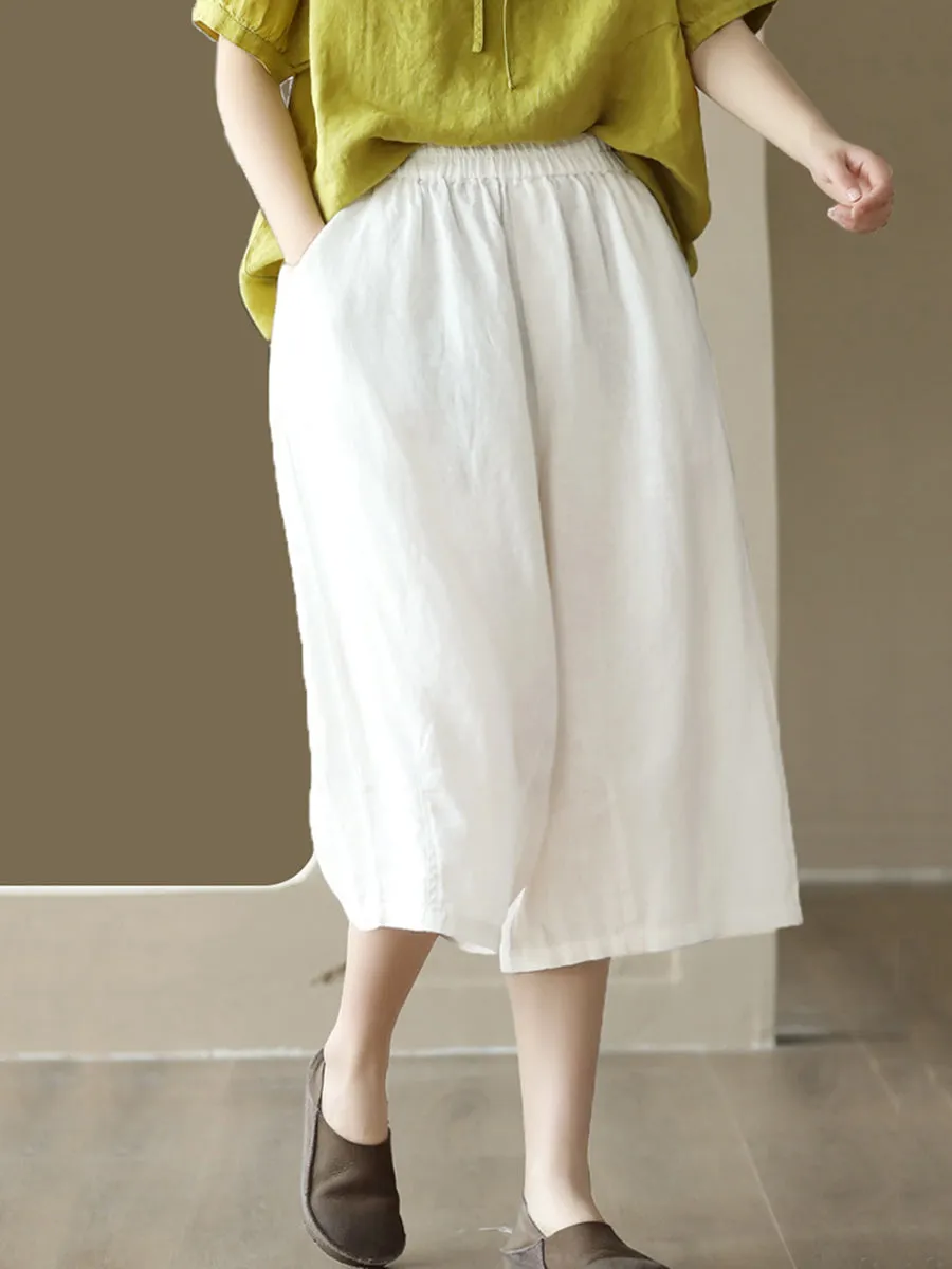 Women Summer  100%Linen Pure Color Wide-leg Capri Trousers