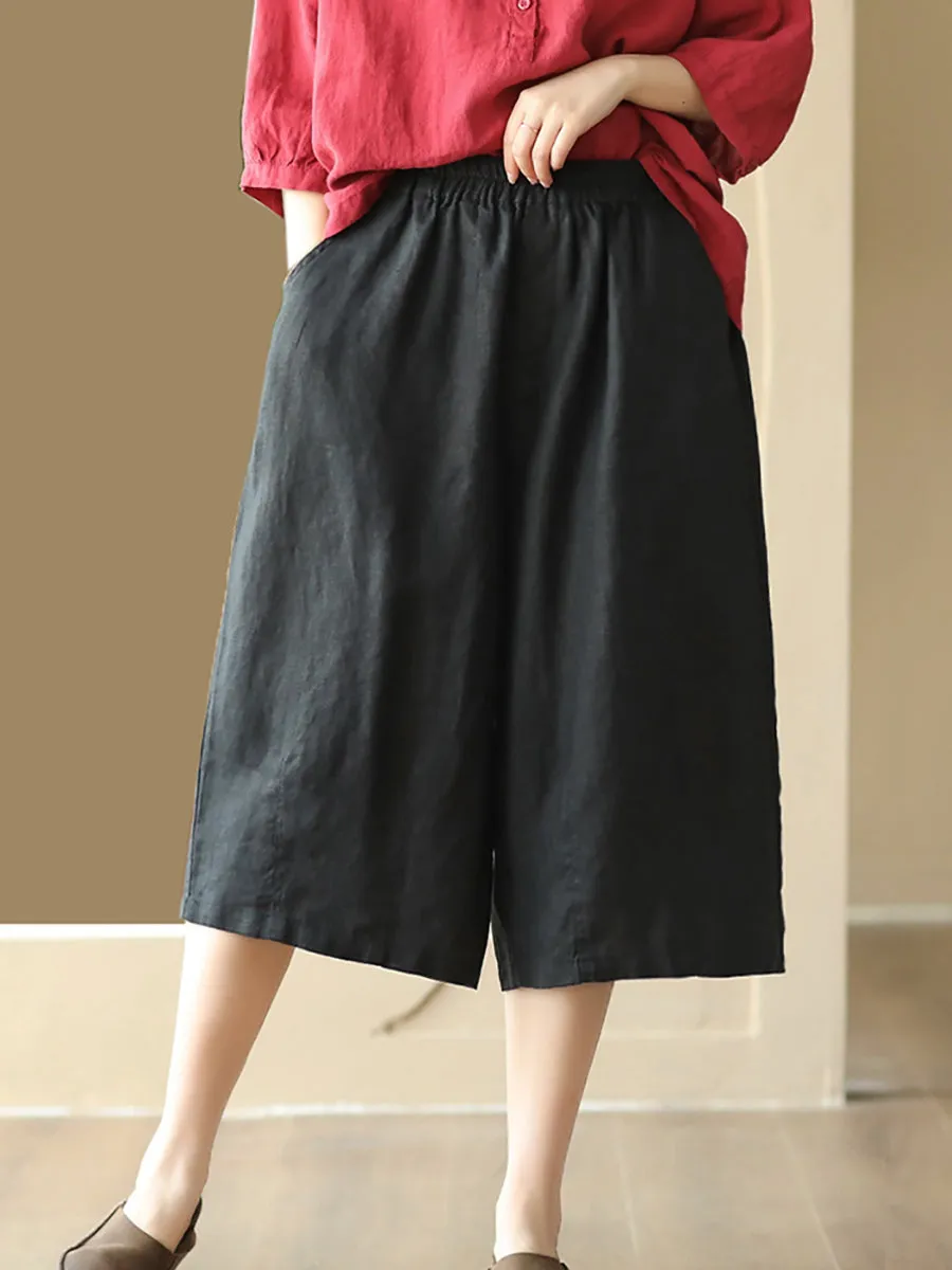 Women Summer  100%Linen Pure Color Wide-leg Capri Trousers