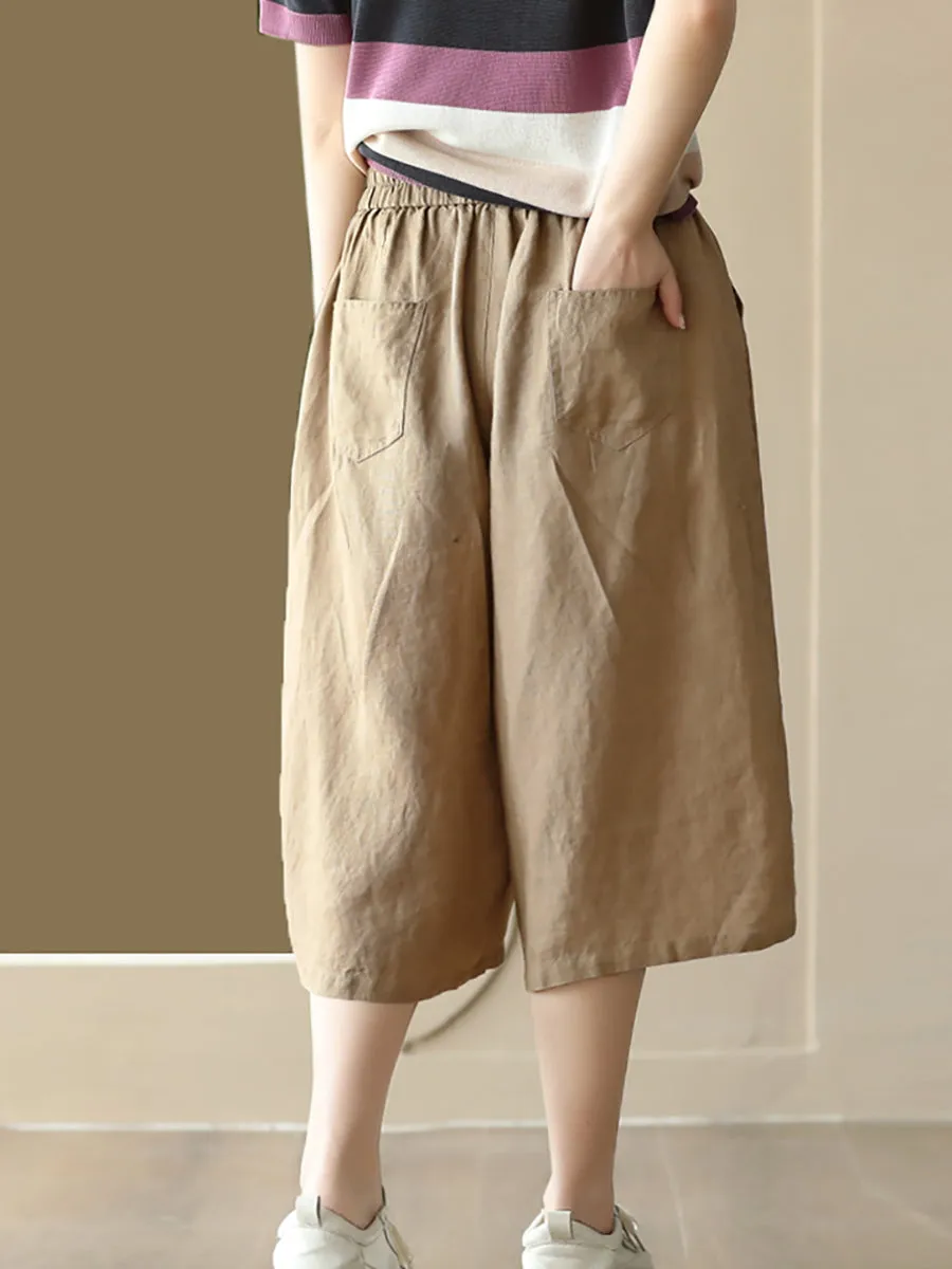 Women Summer  100%Linen Pure Color Wide-leg Capri Trousers