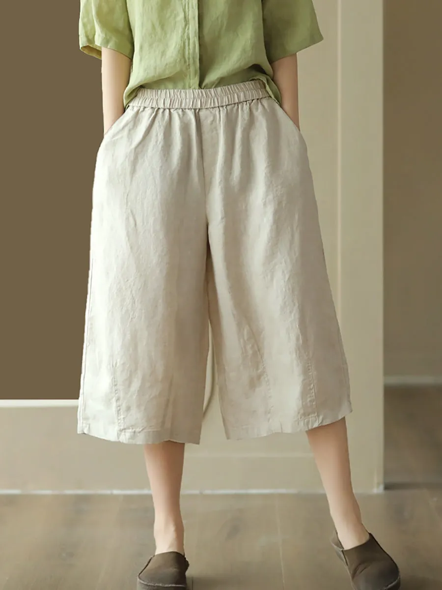Women Summer  100%Linen Pure Color Wide-leg Capri Trousers