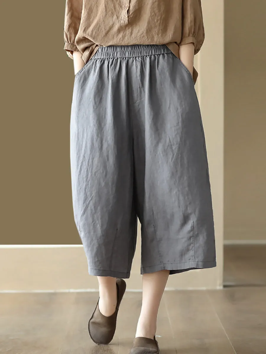 Women Summer  100%Linen Pure Color Wide-leg Capri Trousers