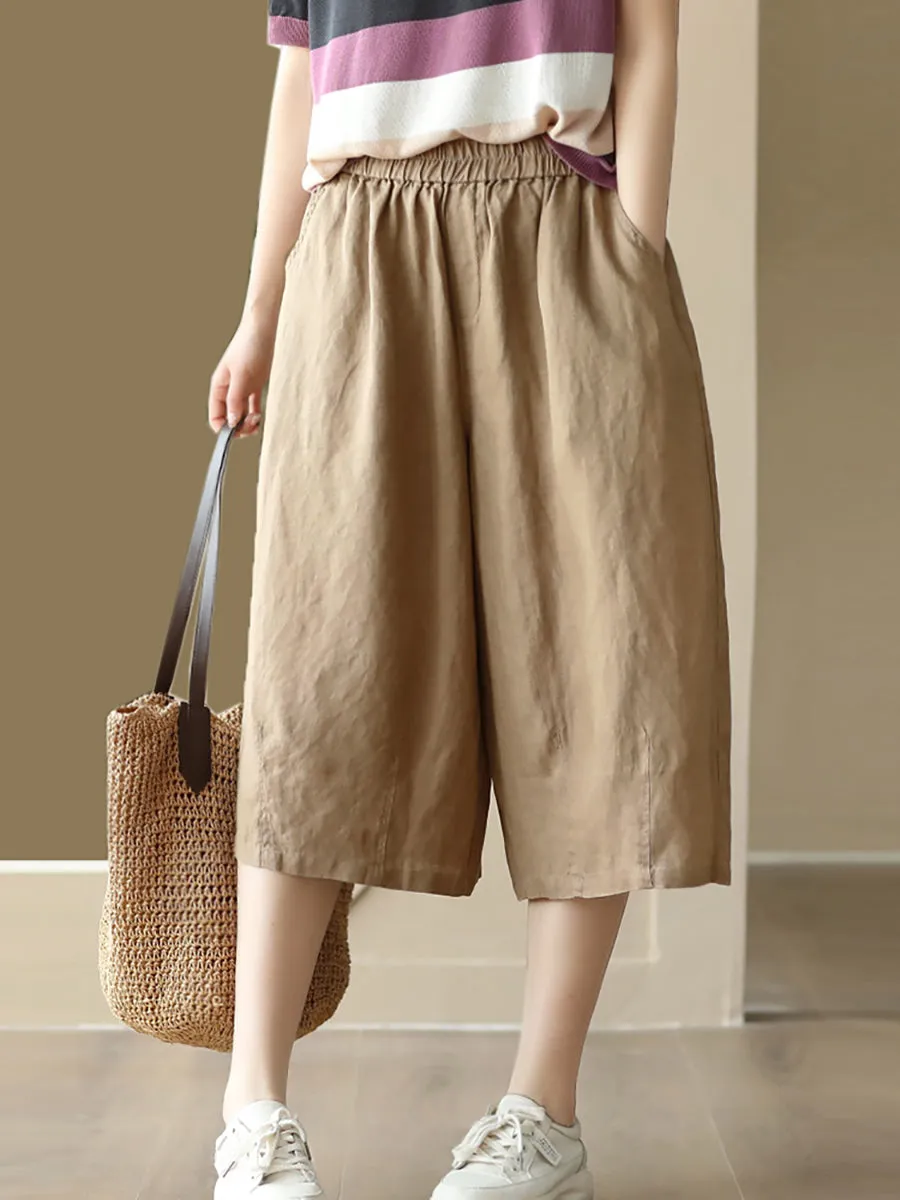 Women Summer  100%Linen Pure Color Wide-leg Capri Trousers