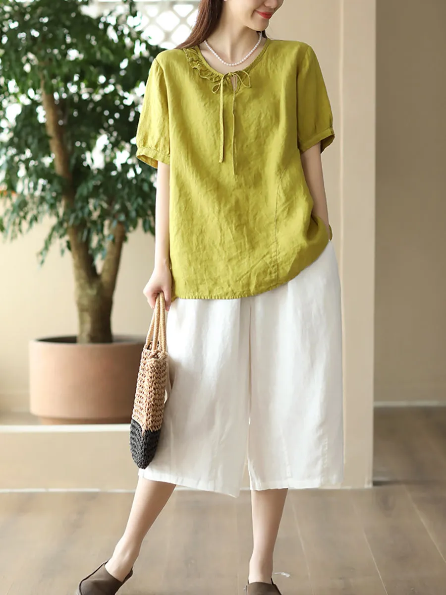 Women Summer  100%Linen Pure Color Wide-leg Capri Trousers