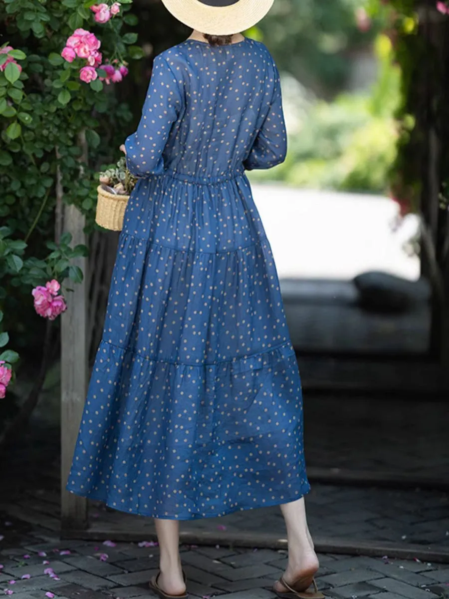 Women Summer Artsy Dot O-Neck 100%Ramie Dress