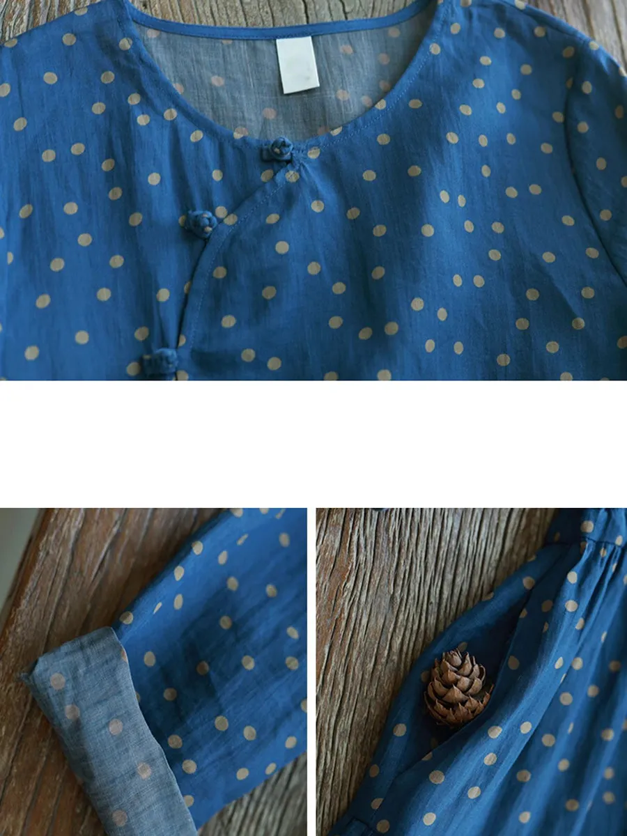 Women Summer Artsy Dot O-Neck 100%Ramie Dress