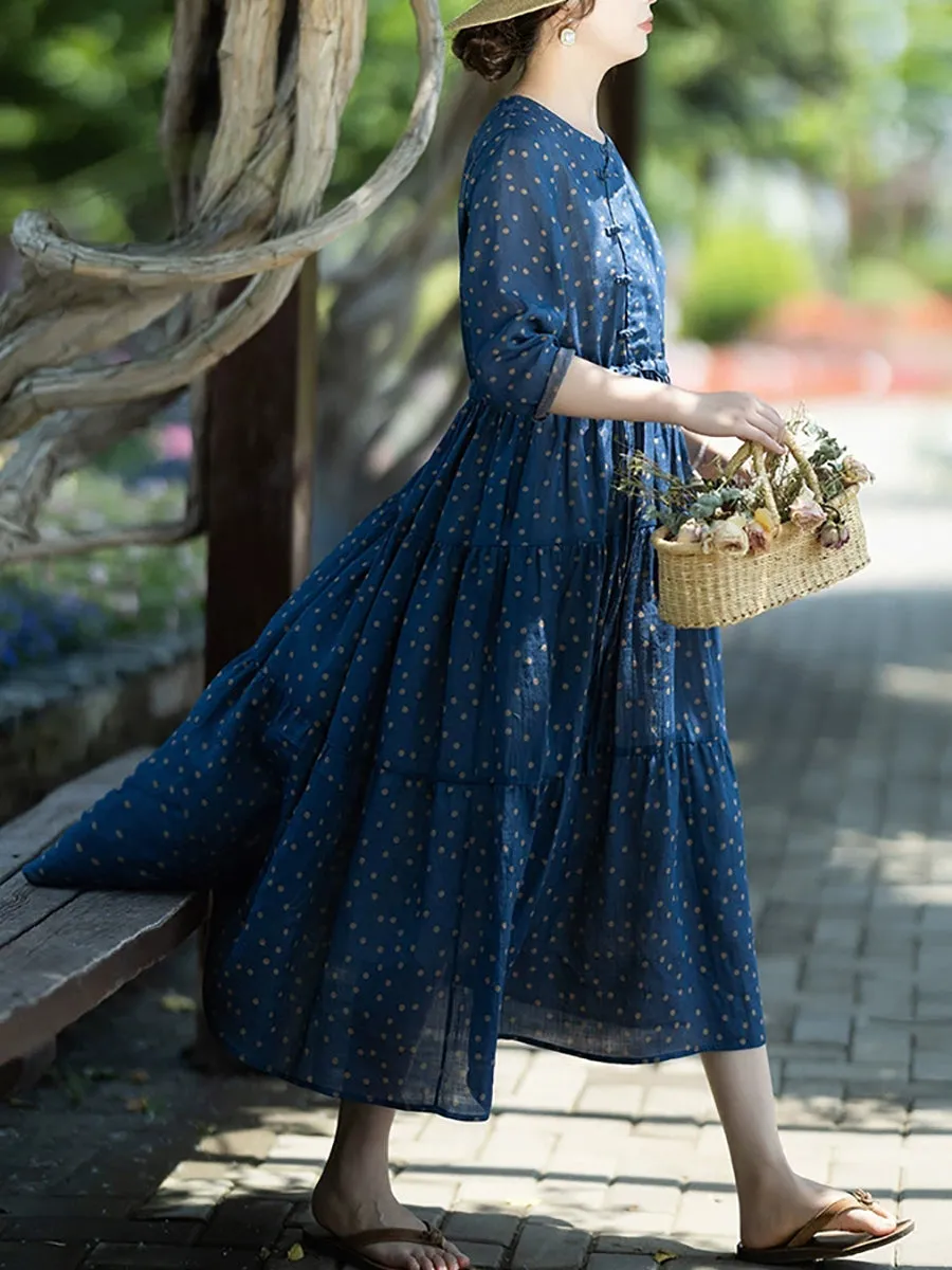 Women Summer Artsy Dot O-Neck 100%Ramie Dress