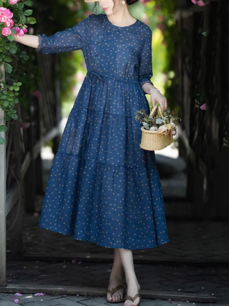 Women Summer Artsy Dot O-Neck 100%Ramie Dress