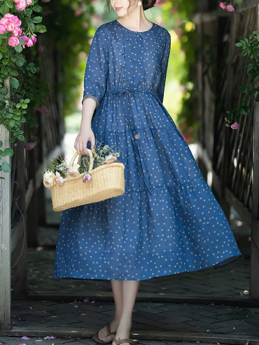 Women Summer Artsy Dot O-Neck 100%Ramie Dress