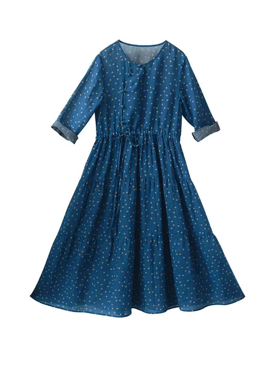 Women Summer Artsy Dot O-Neck 100%Ramie Dress