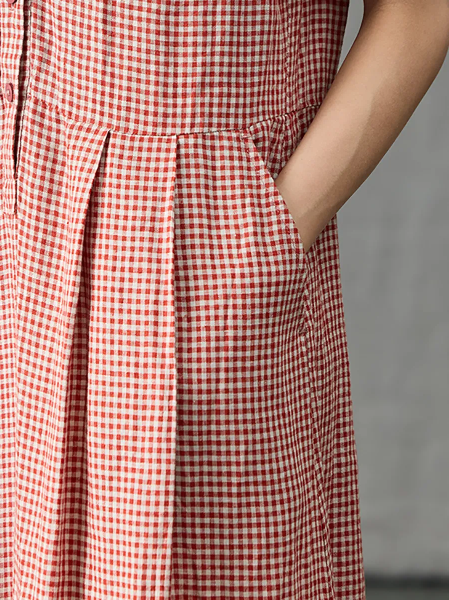 Women Summer Artsy Plaid V-Neck 100%Linen Dress