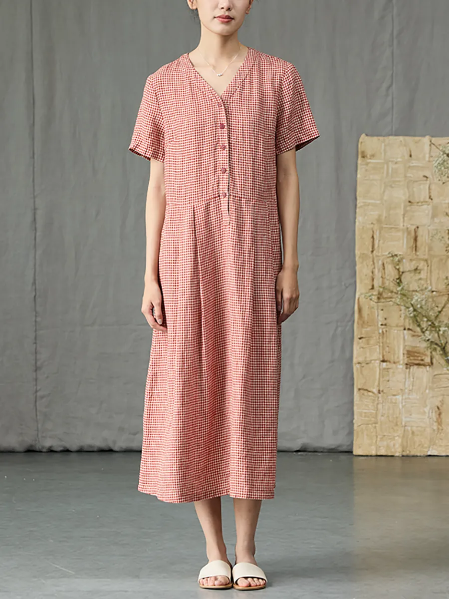 Women Summer Artsy Plaid V-Neck 100%Linen Dress
