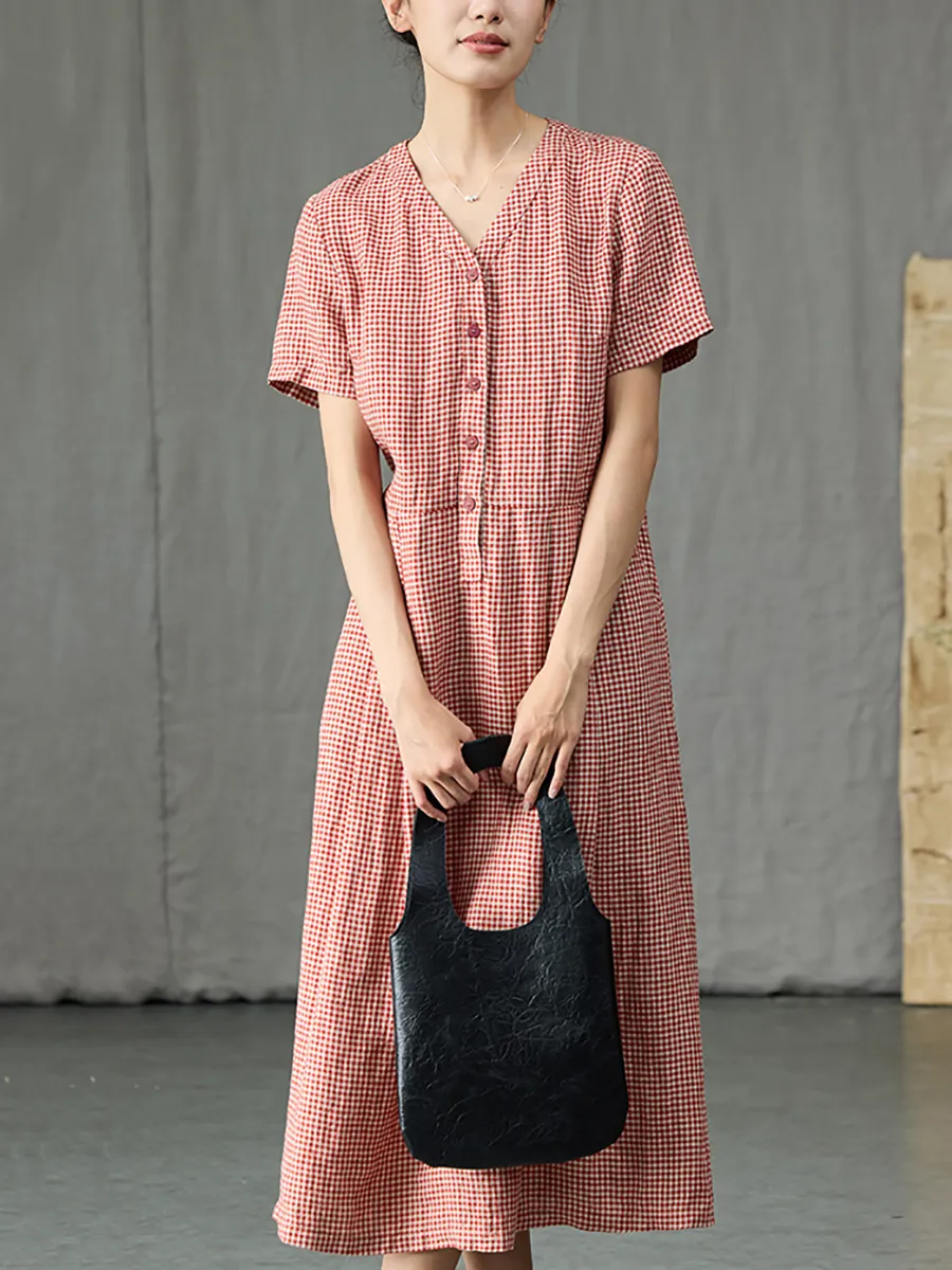 Women Summer Artsy Plaid V-Neck 100%Linen Dress