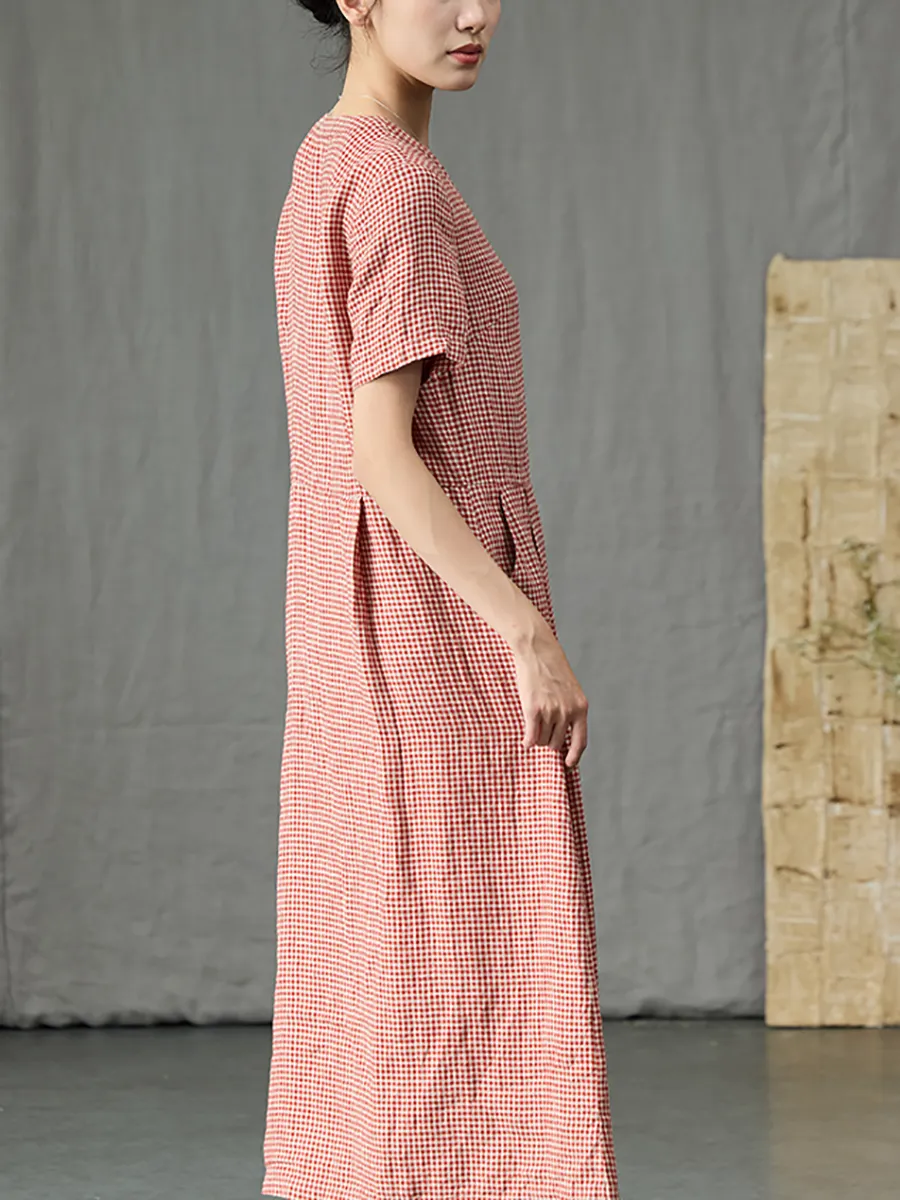 Women Summer Artsy Plaid V-Neck 100%Linen Dress