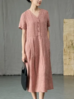 Women Summer Artsy Plaid V-Neck 100%Linen Dress