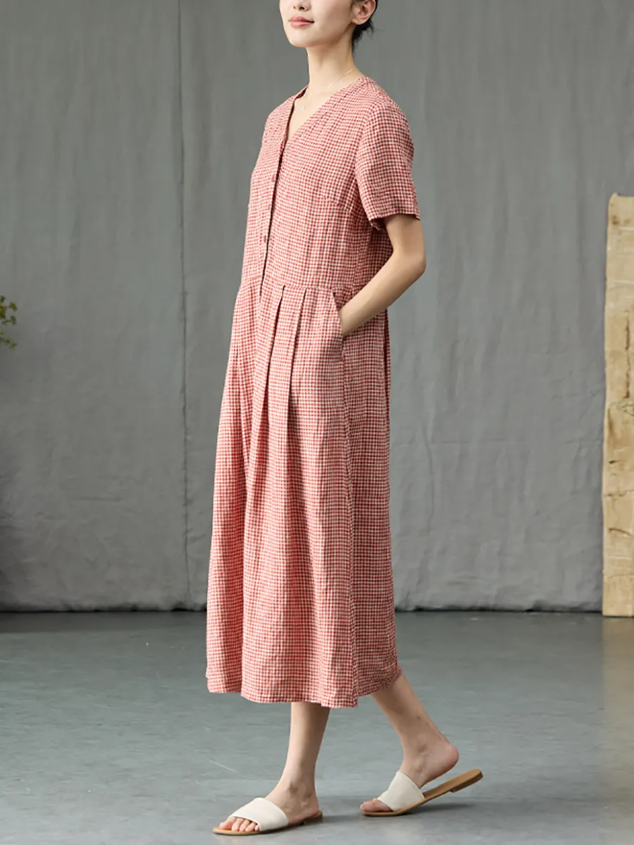 Women Summer Artsy Plaid V-Neck 100%Linen Dress