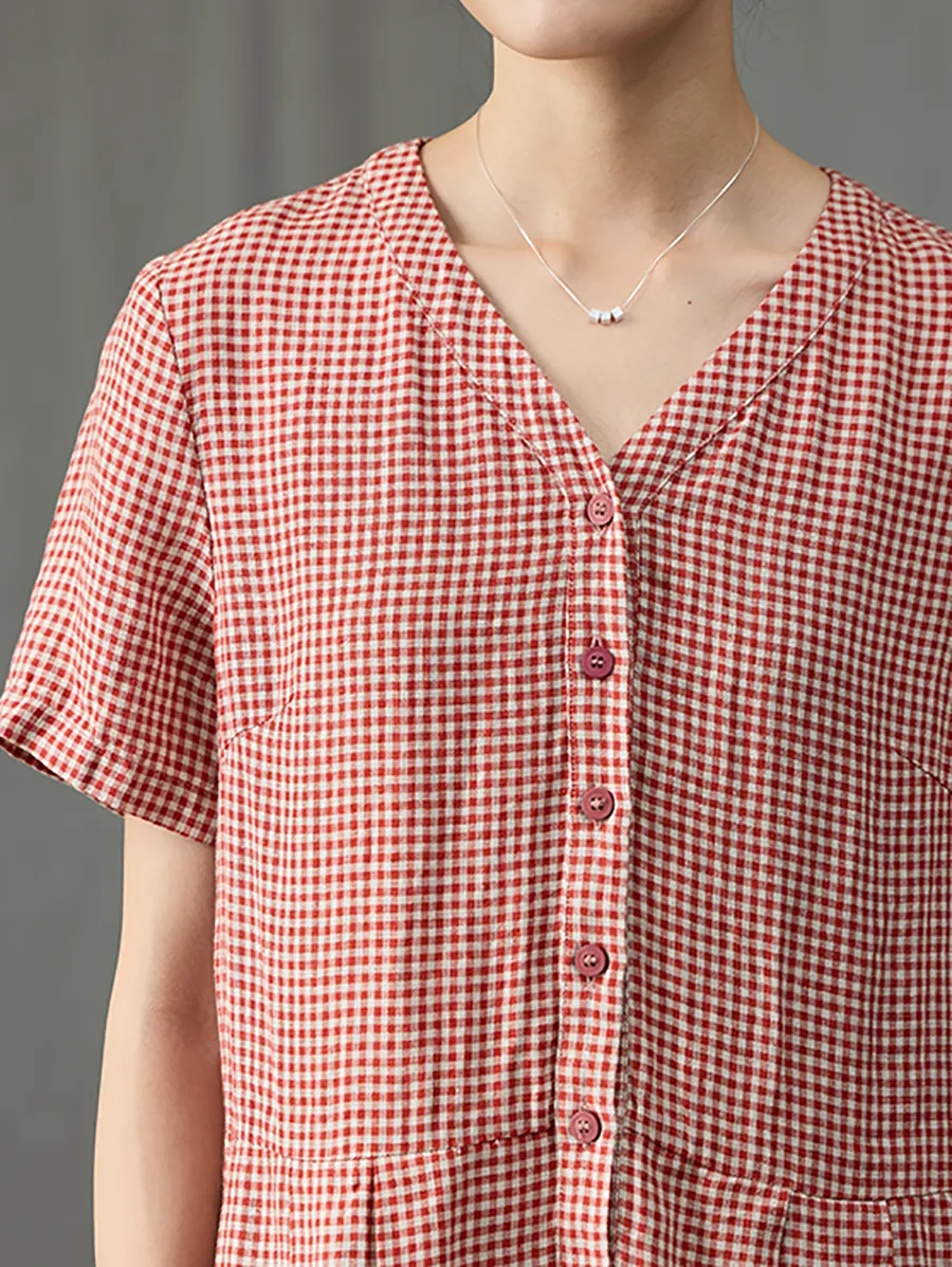 Women Summer Artsy Plaid V-Neck 100%Linen Dress