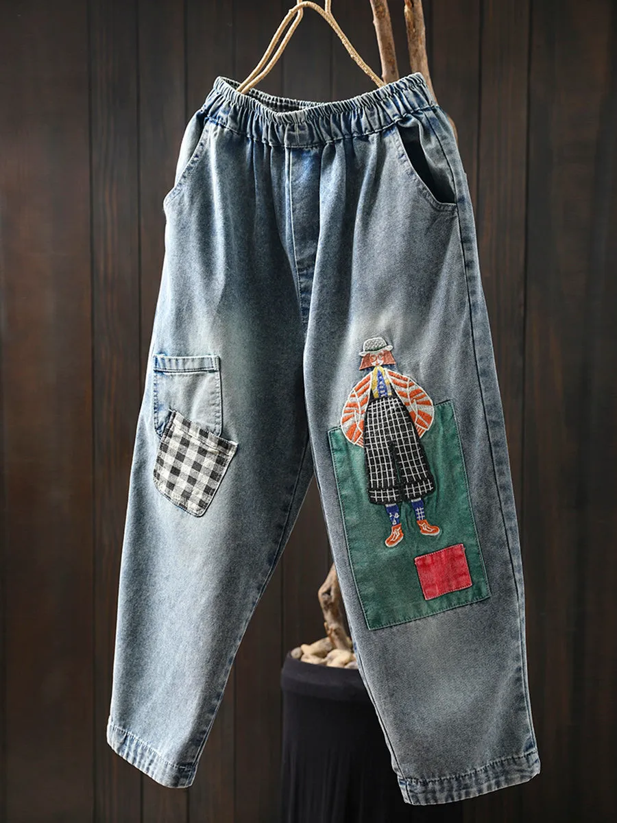Women Summer Cartoon Patchwork Denim Harem Pants