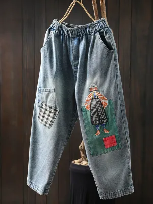 Women Summer Cartoon Patchwork Denim Harem Pants