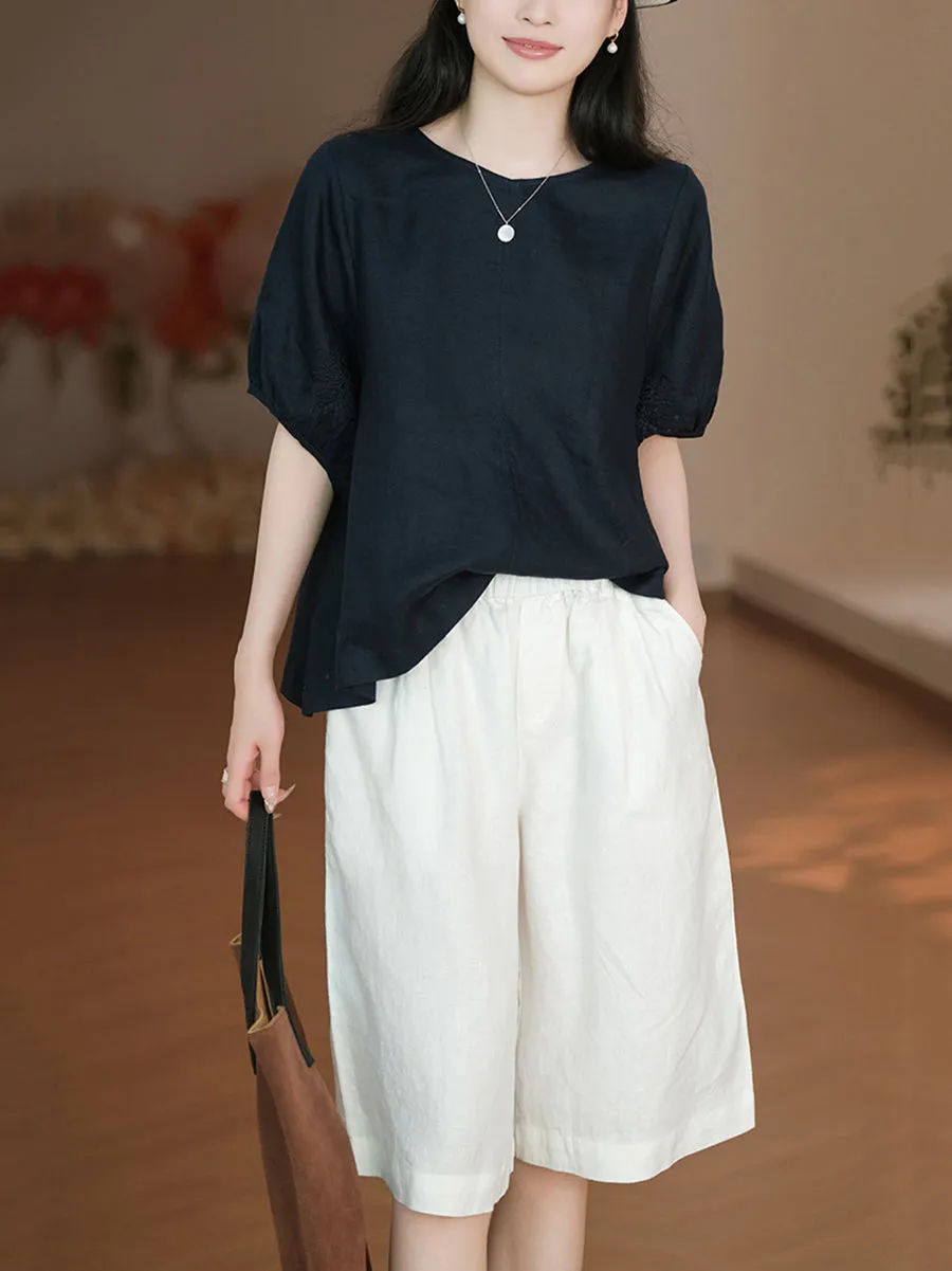 Women Summer Casual Pure Color 100%Linen Fifth Pants